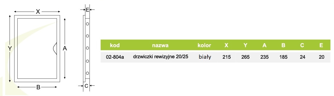 Drzwiczki rewizyjne rysunek techniczny wymiarowanie 20/25 airRoxy